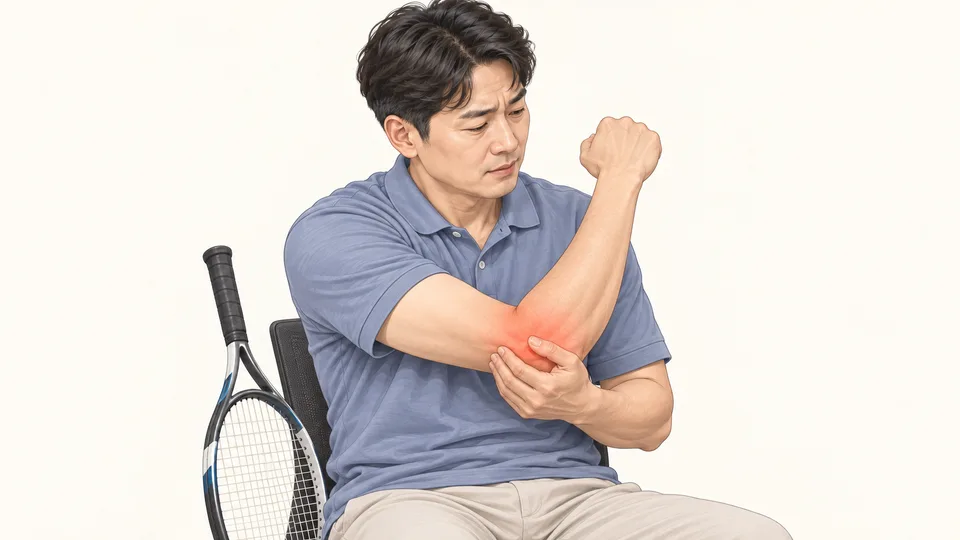 테니스 라켓 옆에서 팔꿈치 바깥쪽을 감싸 쥔 남성, 팔꿈치 통증 표시