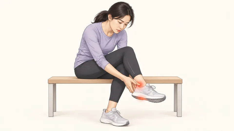 벤치에 앉아 발목을 잡은 여성, 발목과 발바닥 통증 표시