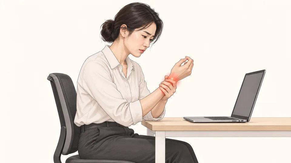 노트북 앞에서 손목을 감싸 쥔 여성, 손목 통증 표시