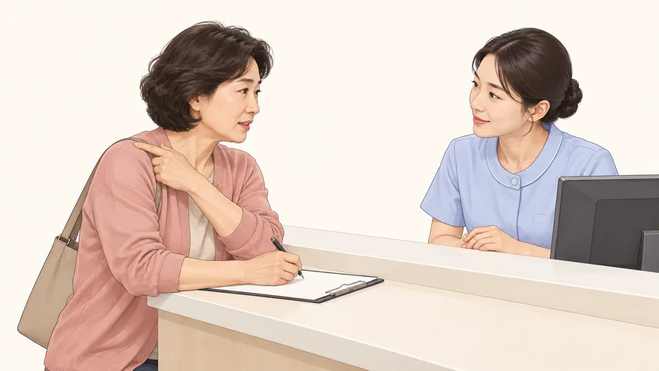 접수대에서 문진표를 작성하며 직원에게 어깨 통증을 설명하는 환자