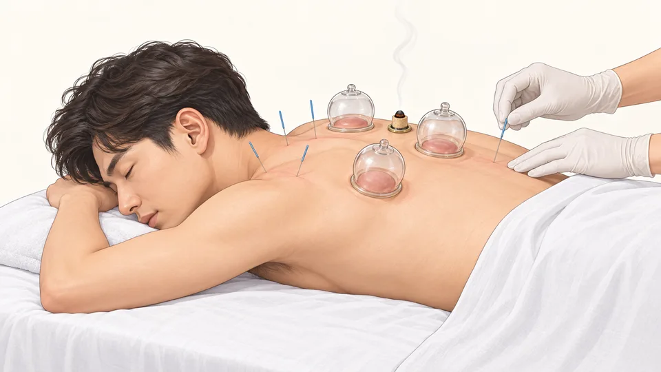 엎드린 환자의 어깨와 등에 침·부항·뜸을 함께 놓은 장면
