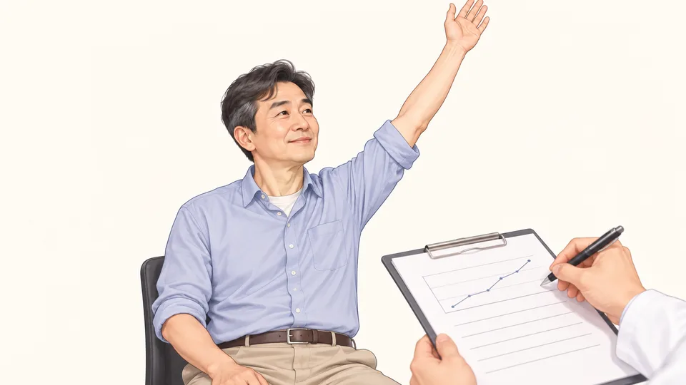 팔을 편하게 들어 올린 환자와 경과 기록지를 작성하는 한의사의 손