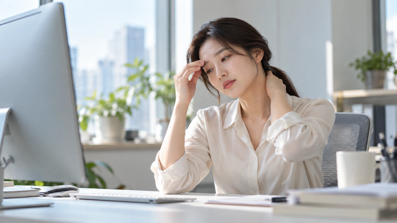 눈이 침침하고 머리가 무거워요｜모니터 작업 뒤 뒷목까지 뻐근하다면? 목 긴장과 두통의 관계