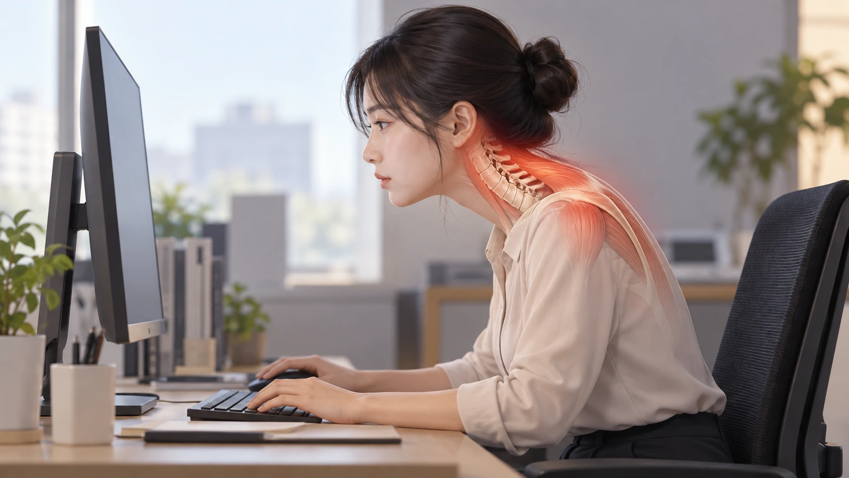 화면을 향해 머리가 앞으로 나가 목과 어깨에 부담이 가는 자세