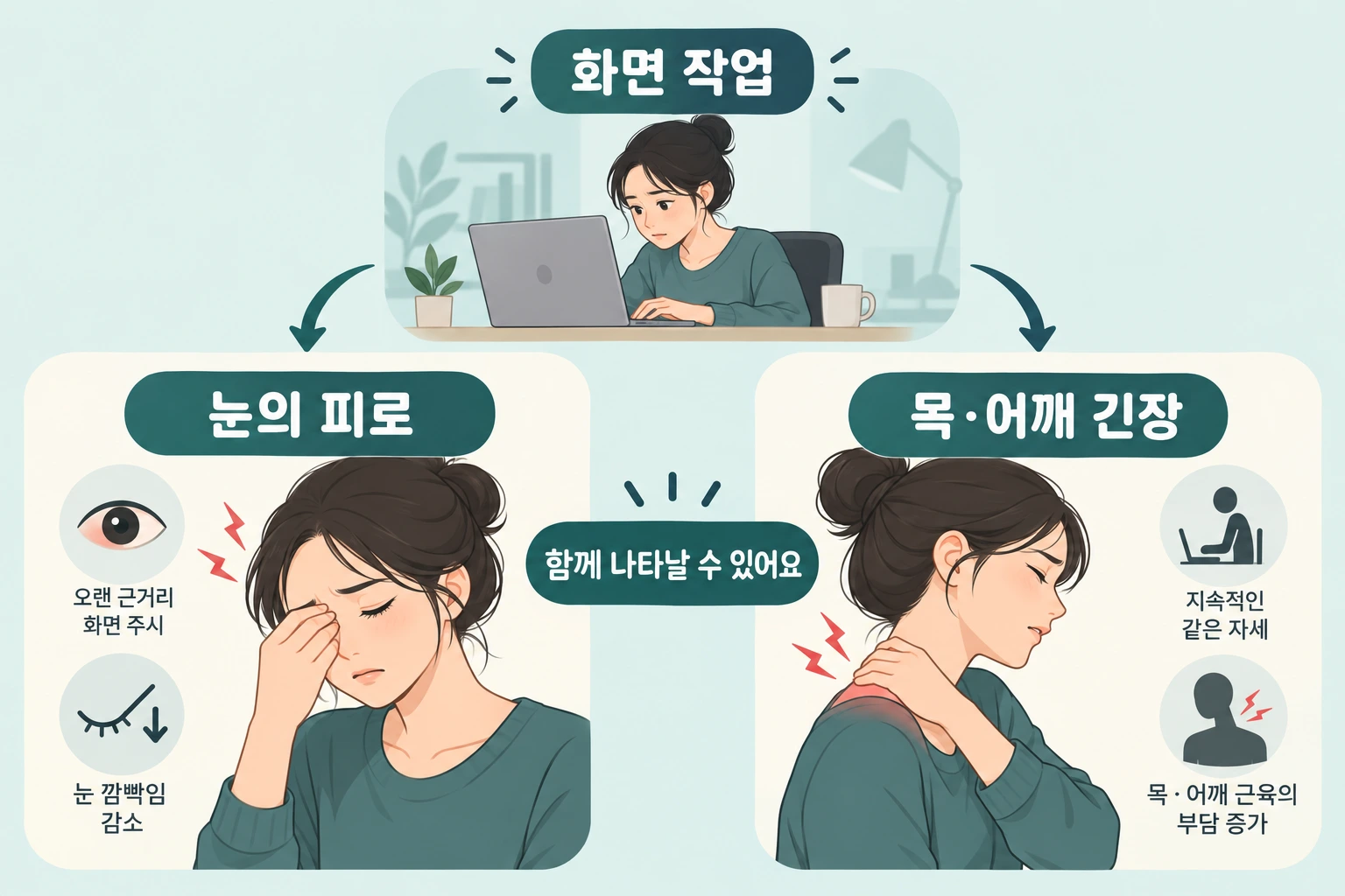 화면 작업 중 눈 피로와 목 긴장이 함께 나타날 수 있음을 설명하는 그림