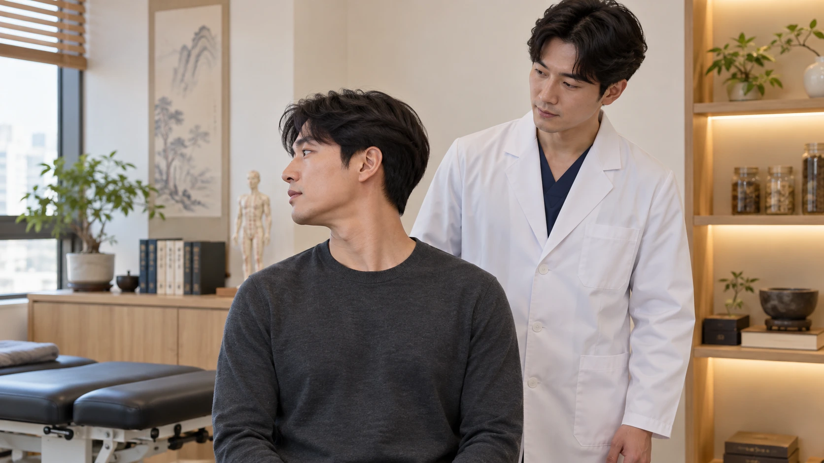 남성 한의사가 환자의 편안한 목 움직임 범위를 확인하는 장면