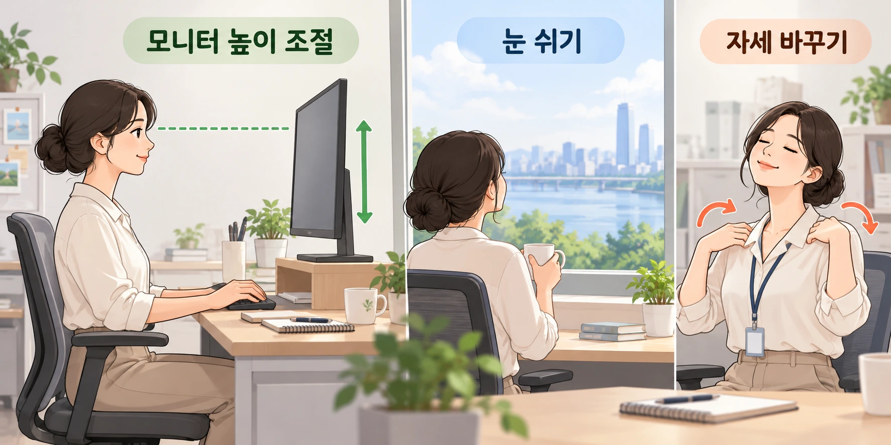 모니터 높이 조절과 눈 휴식 및 자세 변경 생활관리