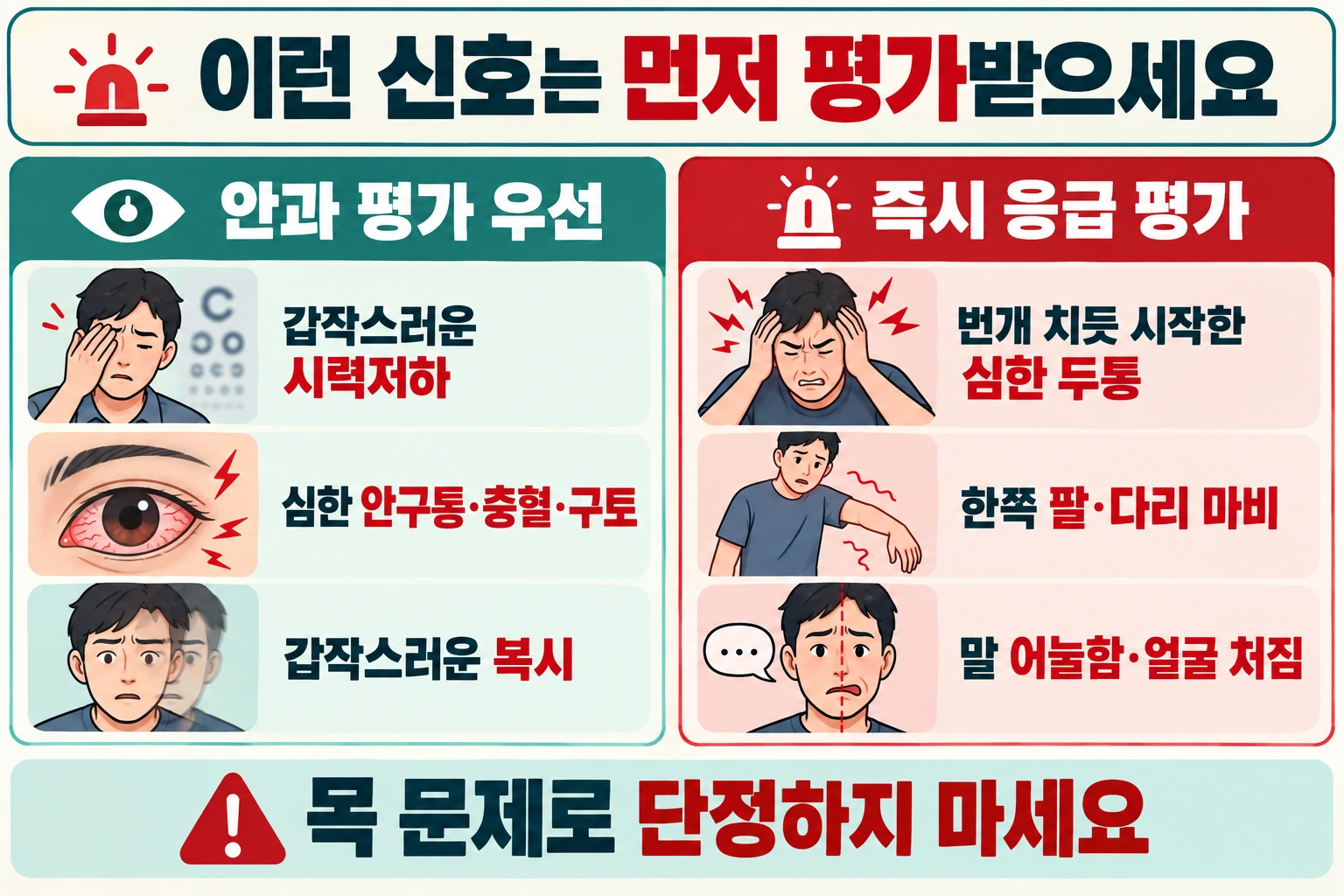 안과 평가 또는 즉시 응급 평가가 필요한 위험신호 요약