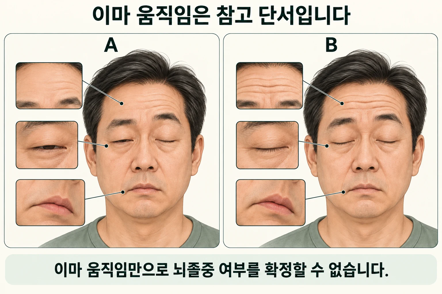 말초성 안면신경마비와 중추성 얼굴마비에서 이마 움직임을 비교한 참고 그림