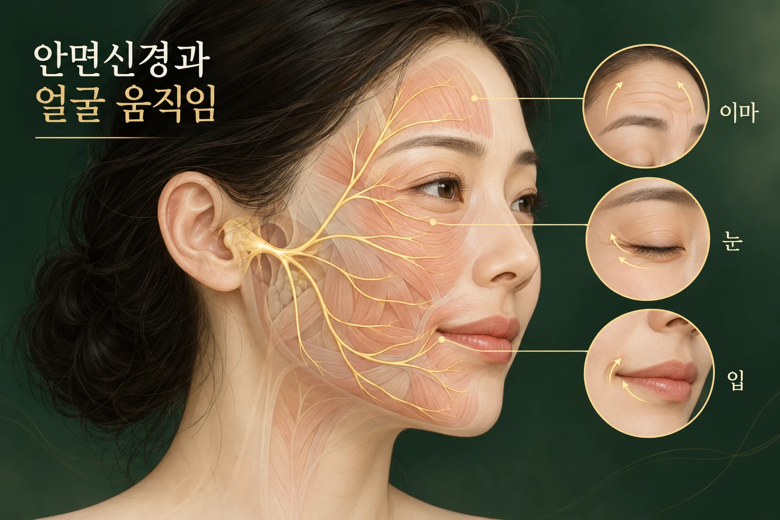 이마 눈 입 움직임에 관여하는 안면신경 구조 개념도