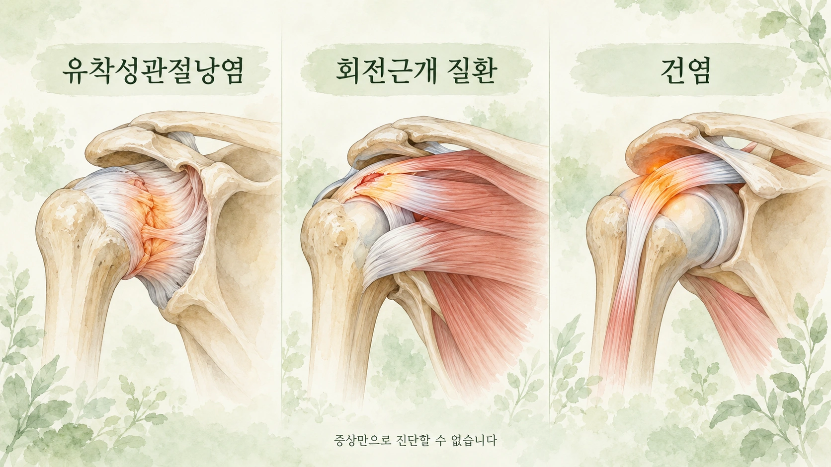 유착성관절낭염 회전근개 질환 건염의 차이를 설명한 의료 일러스트