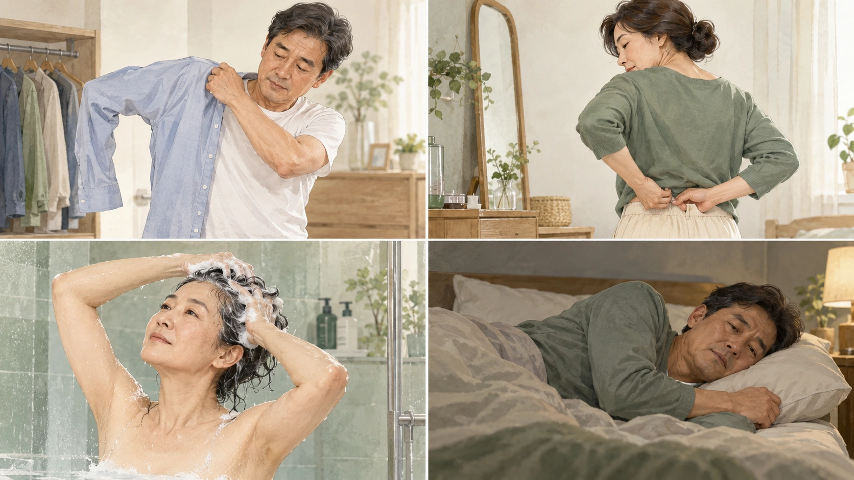 옷 입기 팔 뒤로 돌리기 머리 위로 올리기와 야간 어깨 통증의 생활 장면