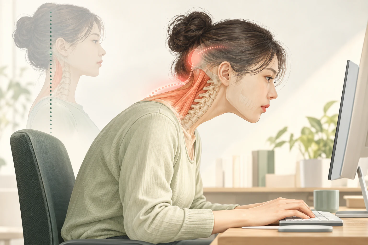 장시간 컴퓨터 사용과 경추성 두통의 연관성을 설명하는 의료 일러스트