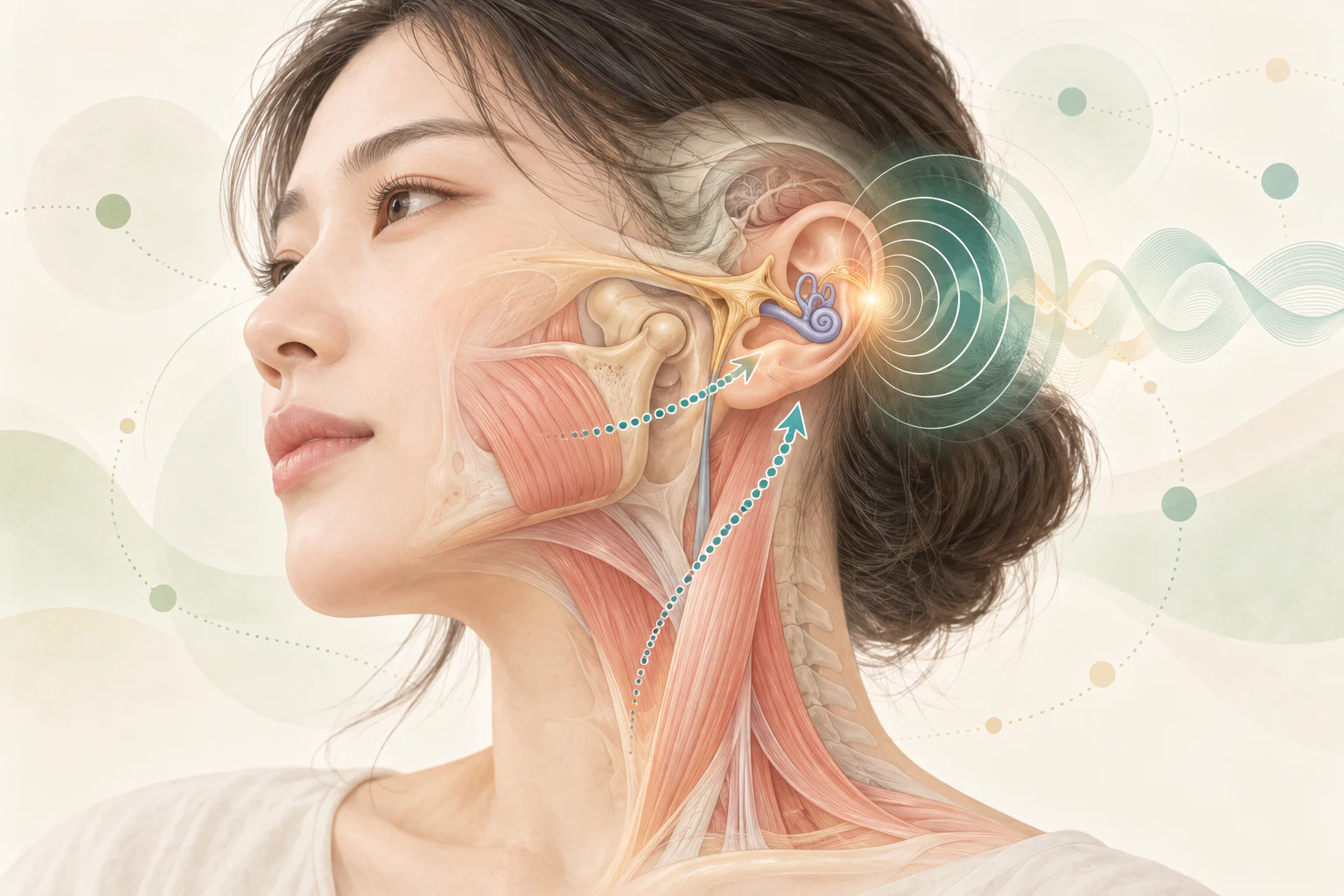 귀와 턱·목의 감각 신호가 일부 이명 증상과 연관될 수 있음을 설명하는 의료 일러스트