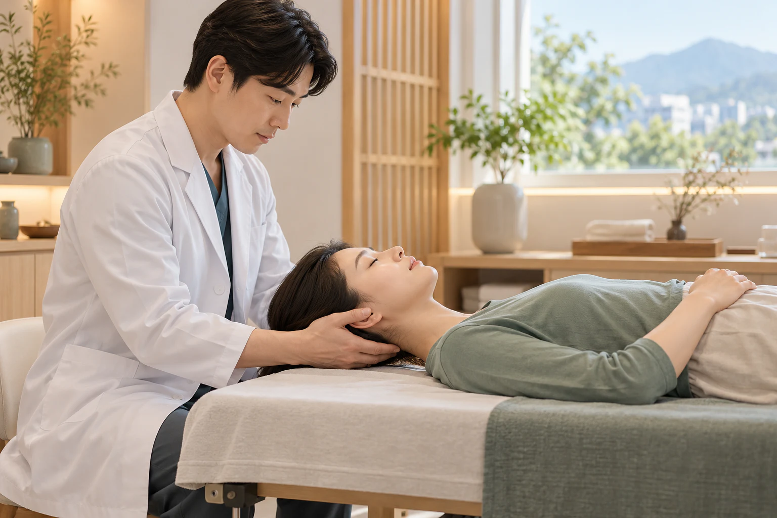 한의사가 환자의 머리와 목을 안정적으로 지지하며 움직임과 균형을 확인하는 장면