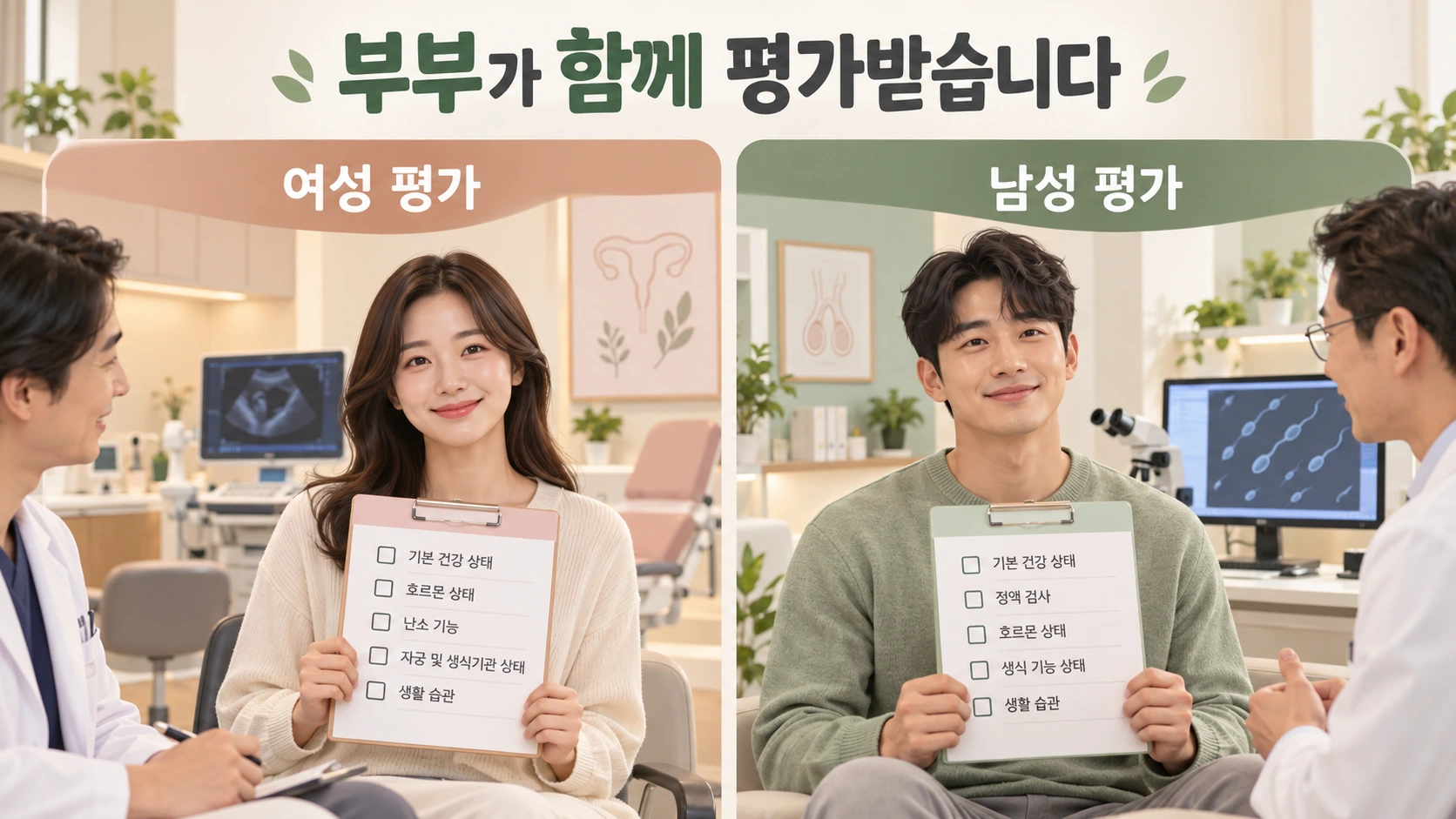 난임 평가를 시작할 때 여성과 남성을 함께 살펴보는 과정을 설명하는 교육 그림
