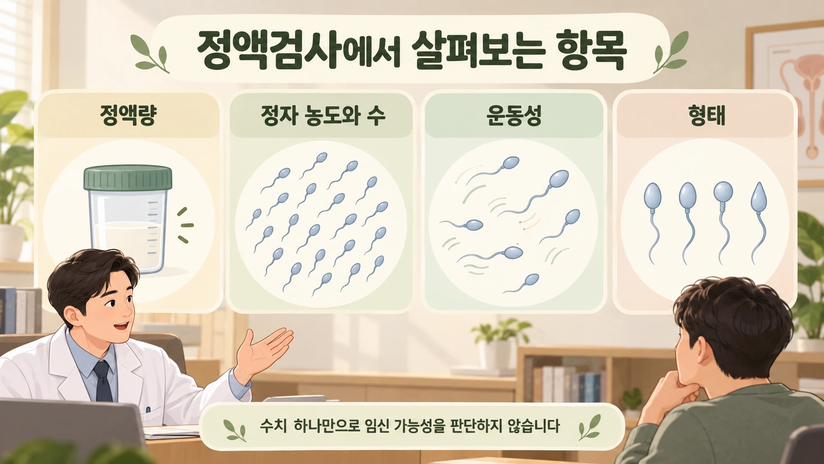 정액량과 정자 농도·수·운동성·형태 등 정액검사의 주요 항목을 설명하는 그림