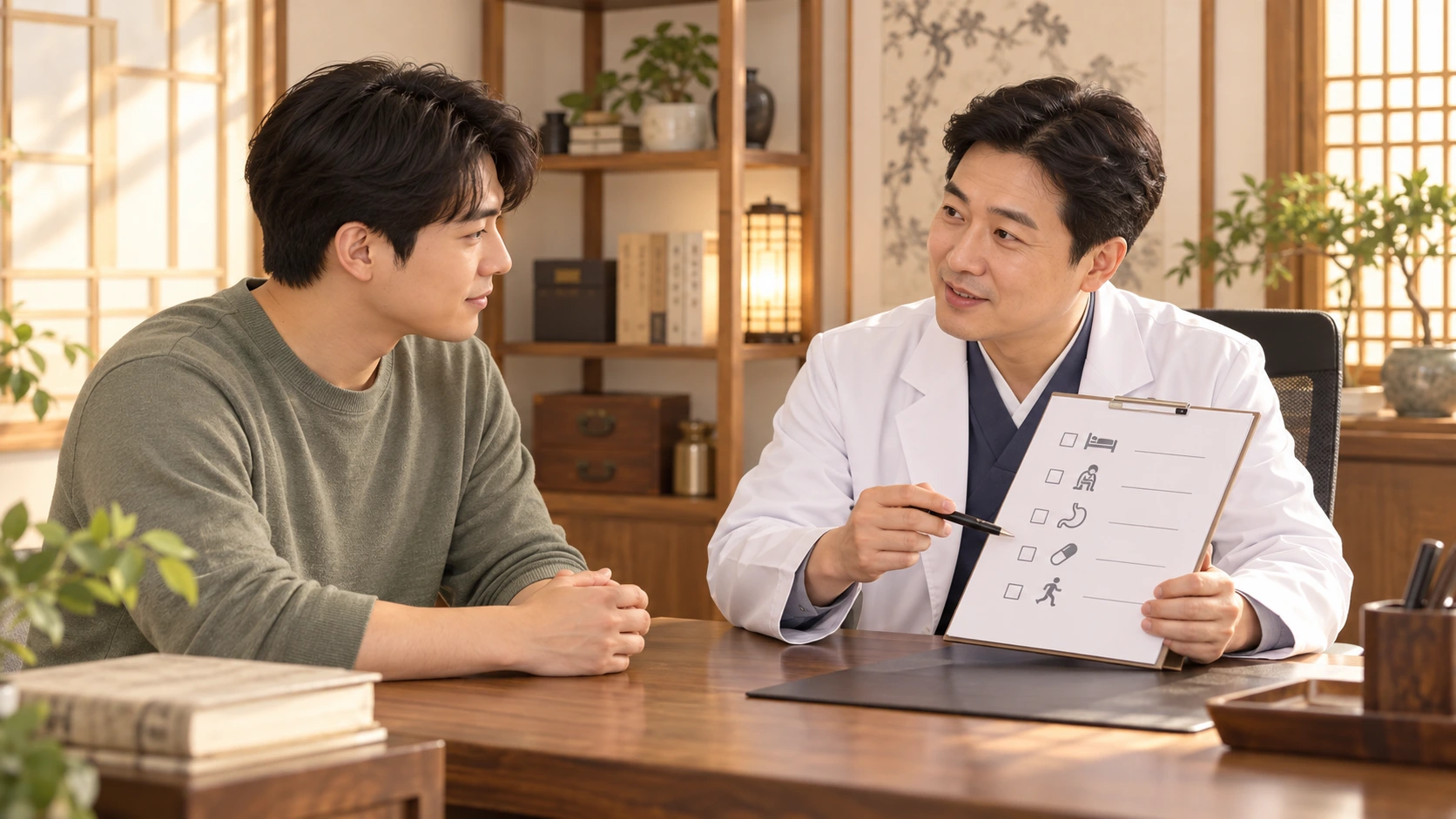 남성 한의사가 남성 환자의 피로·수면·소화 상태와 복용약을 상담하는 장면