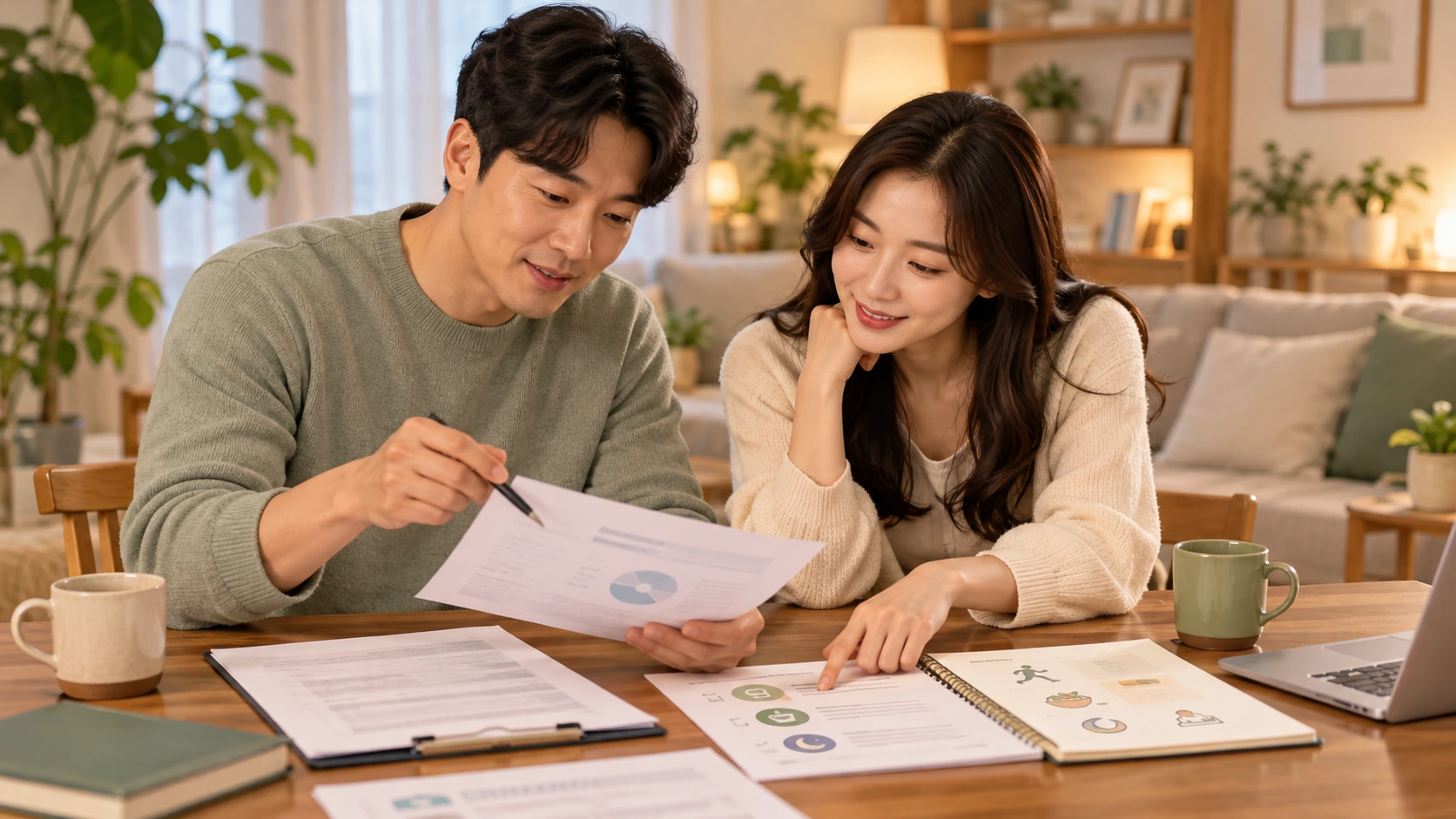 부부가 검사 결과와 생활관리 계획을 함께 살펴보며 임신 준비 방향을 의논하는 장면