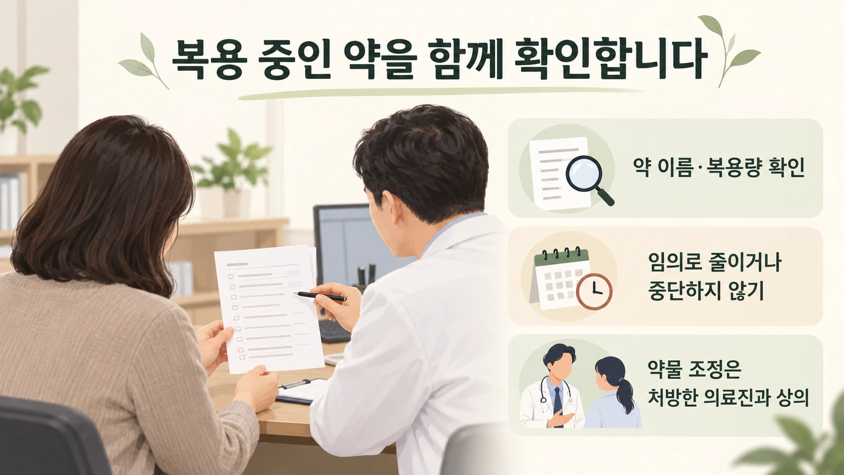 복용 약을 확인하고 약물 조정은 처방한 의료진과 상의한다는 상담 안내