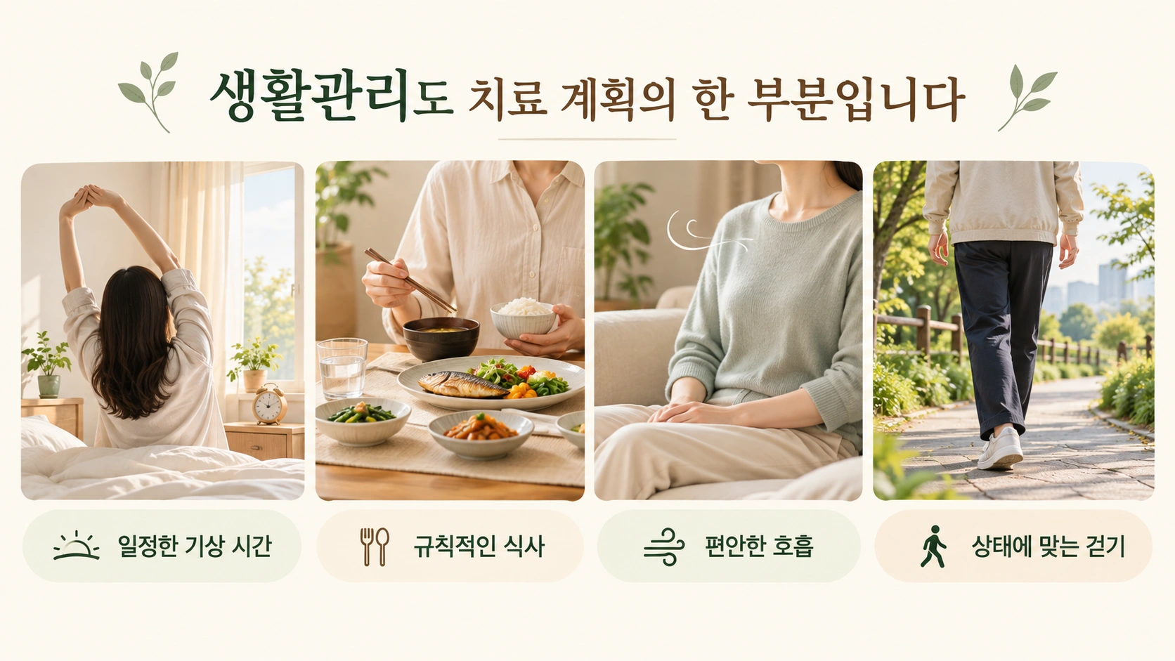 규칙적인 수면 식사 편안한 호흡과 상태에 맞는 걷기를 안내하는 생활관리