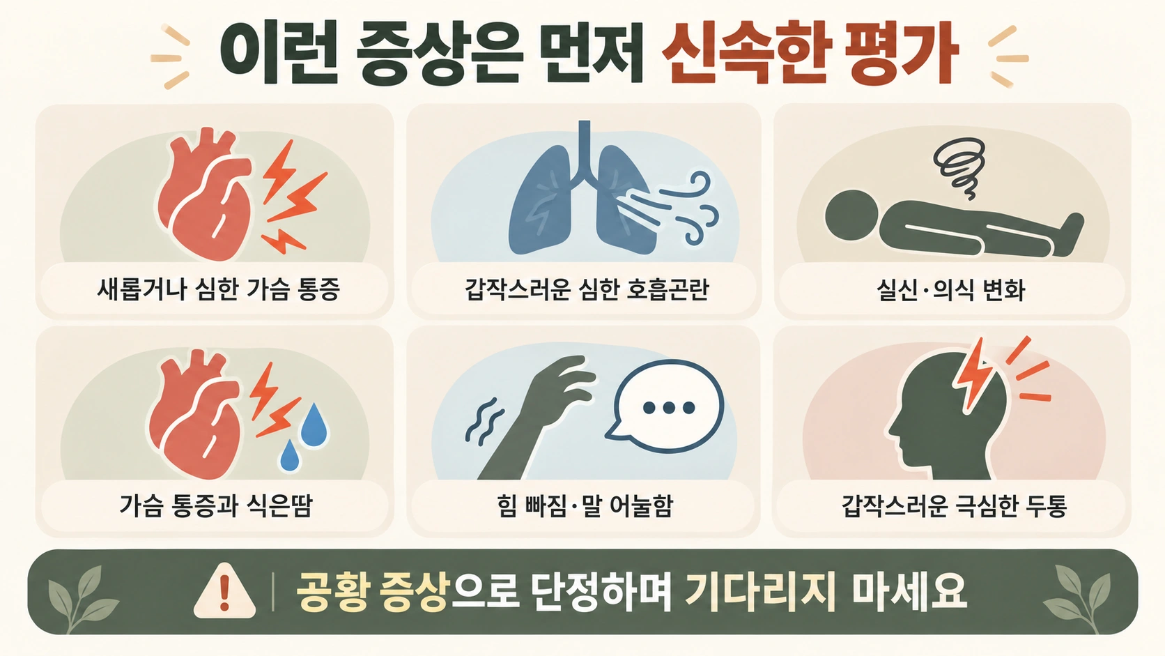 가슴 통증 심한 호흡곤란 실신과 신경학적 증상은 신속한 평가가 필요하다는 안내