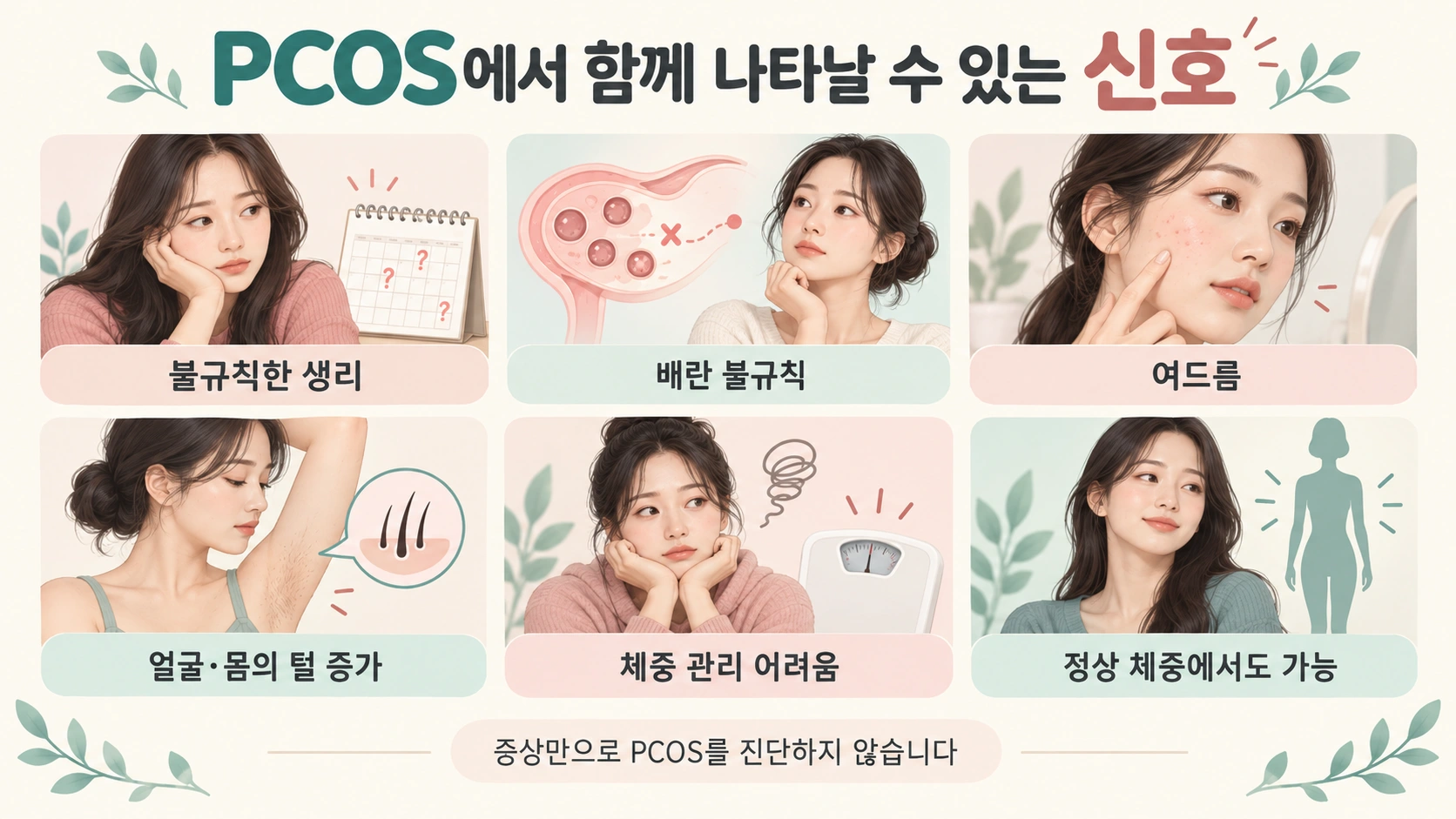 PCOS에서 함께 나타날 수 있는 생리 배란 피부 털 체중 관련 신호