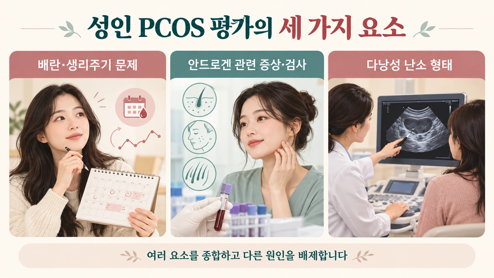 성인 PCOS 평가에서 생리 배란 안드로겐 소견 난소 형태를 종합하는 설명