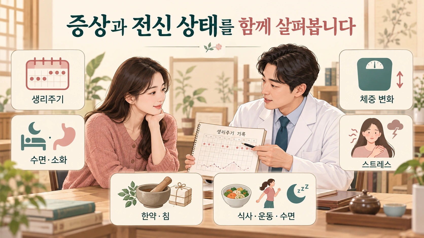 여성 환자와 남성 한의사가 생리주기와 전신 상태 및 생활관리를 상담하는 일러스트