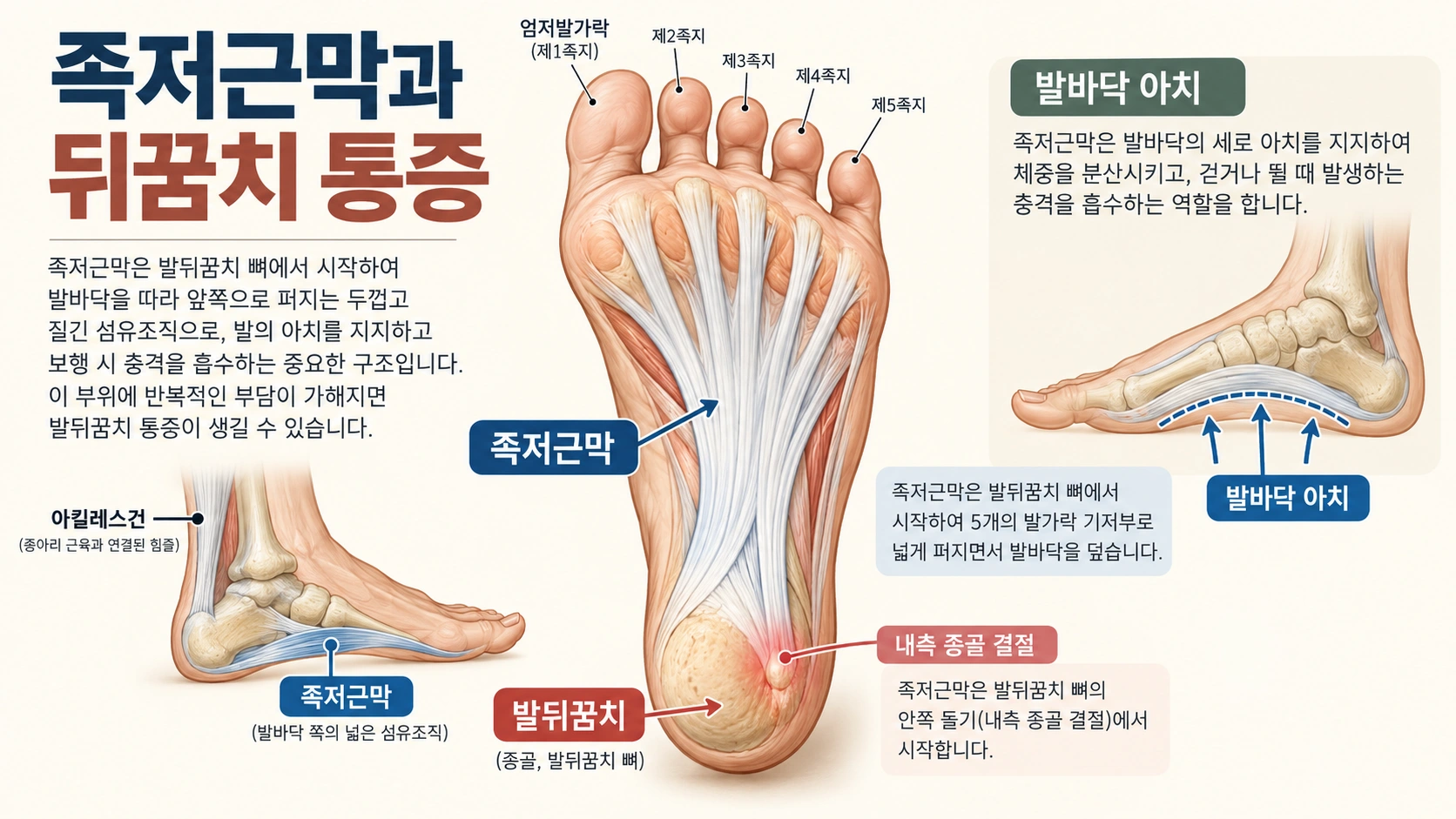 발뒤꿈치에서 앞발바닥으로 이어지는 족저근막과 안쪽 뒤꿈치 통증 위치