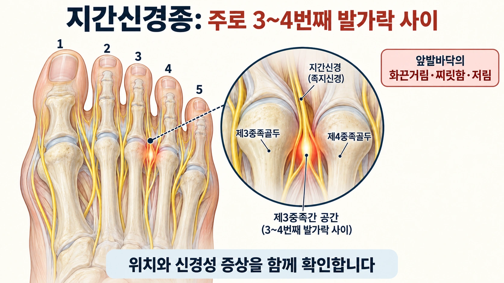 주로 세 번째와 네 번째 발가락 사이 앞발바닥에 나타나는 지간신경종 위치