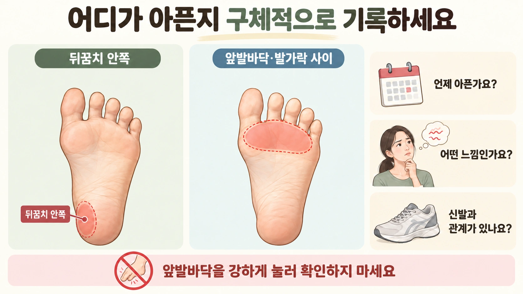 뒤꿈치와 앞발바닥의 통증 위치 및 발생 상황을 구체적으로 기록하는 설명