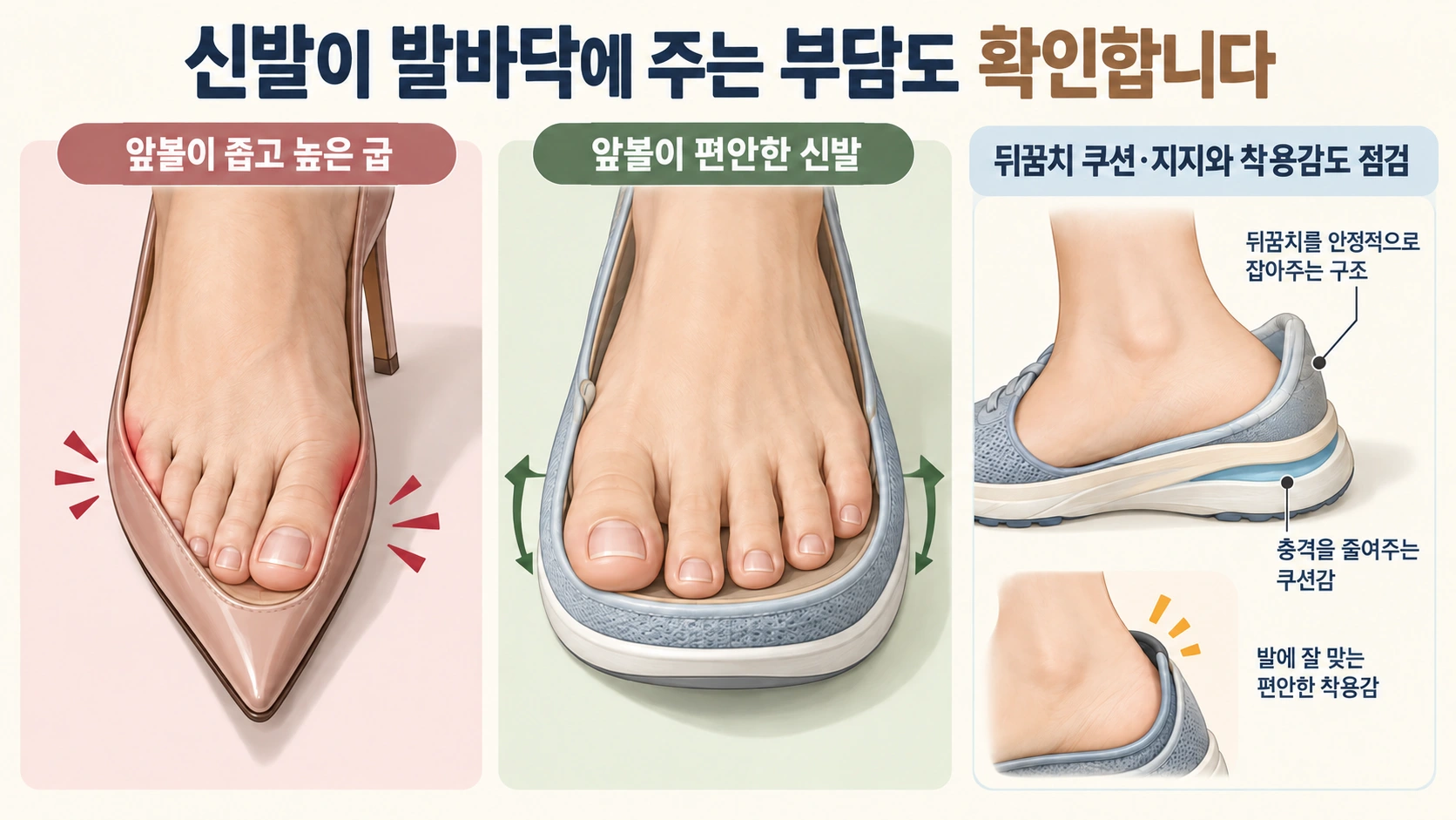 좁고 높은 굽 신발과 앞볼이 편안한 신발의 압박 차이를 비교하는 그림