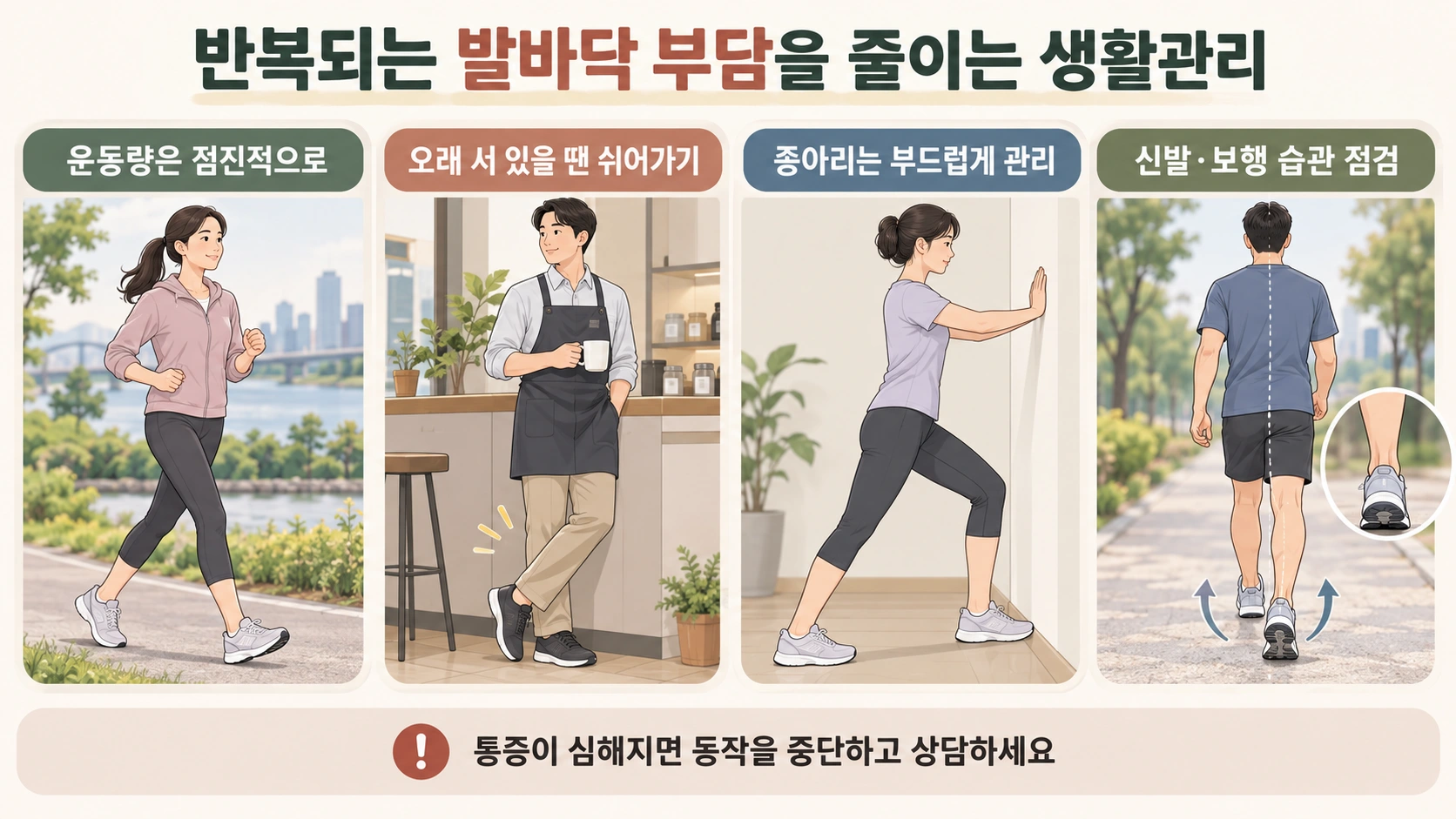운동량 조절 서 있는 시간 종아리 관리와 보행 습관을 점검하는 생활관리