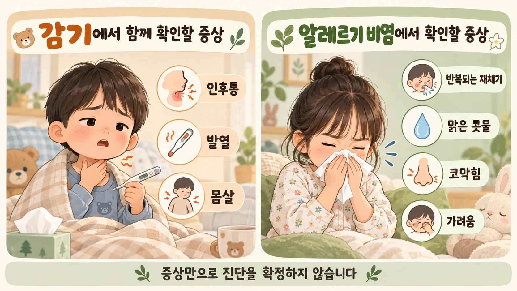 감기와 알레르기 비염에서 흔히 확인하는 증상을 비교하되 그림만으로 진단하지 않도록 안내하는 그림