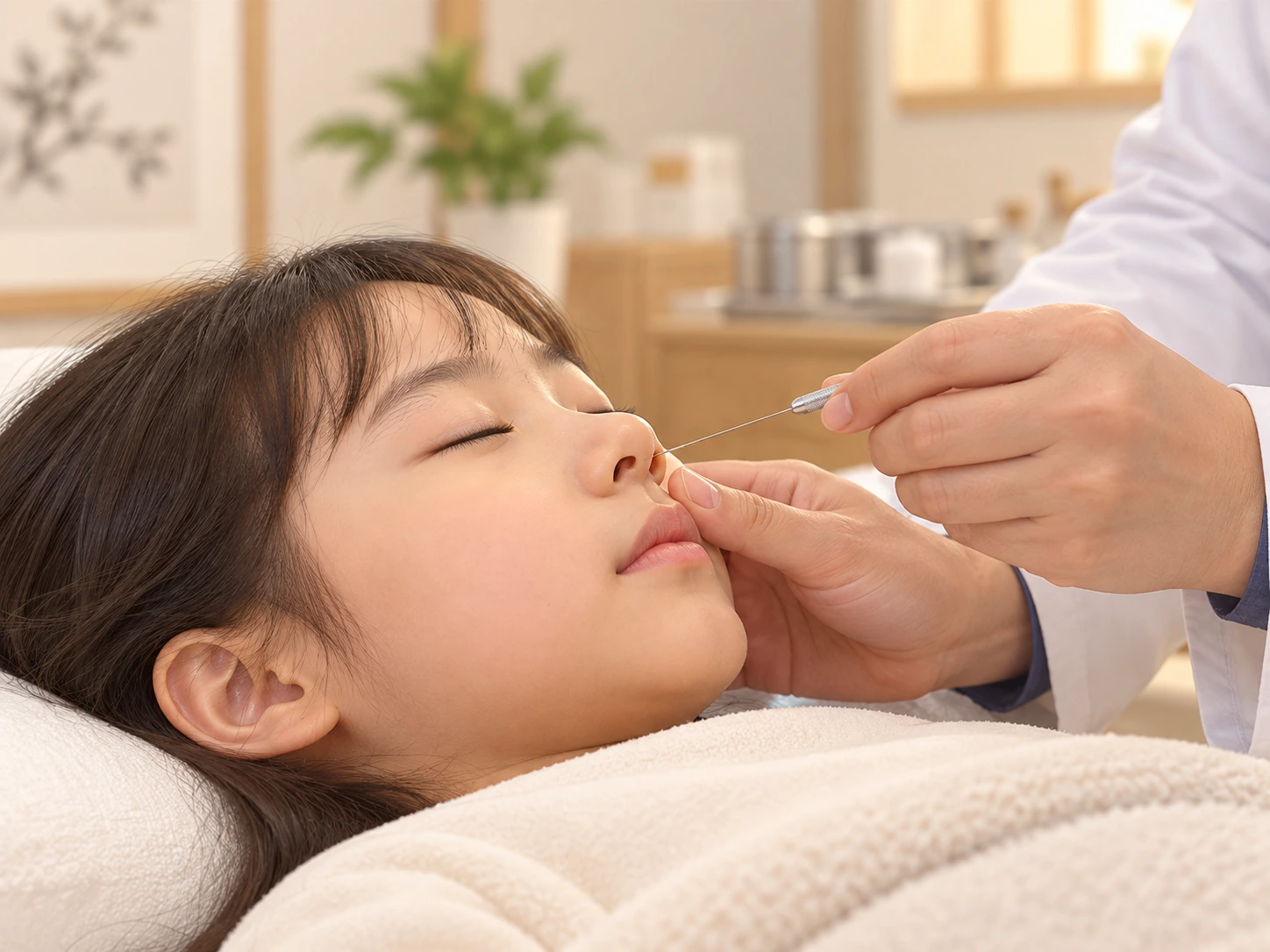 누운 아동 환자의 콧구멍 안쪽에 가느다란 침을 사용하는 비강침 치료 장면