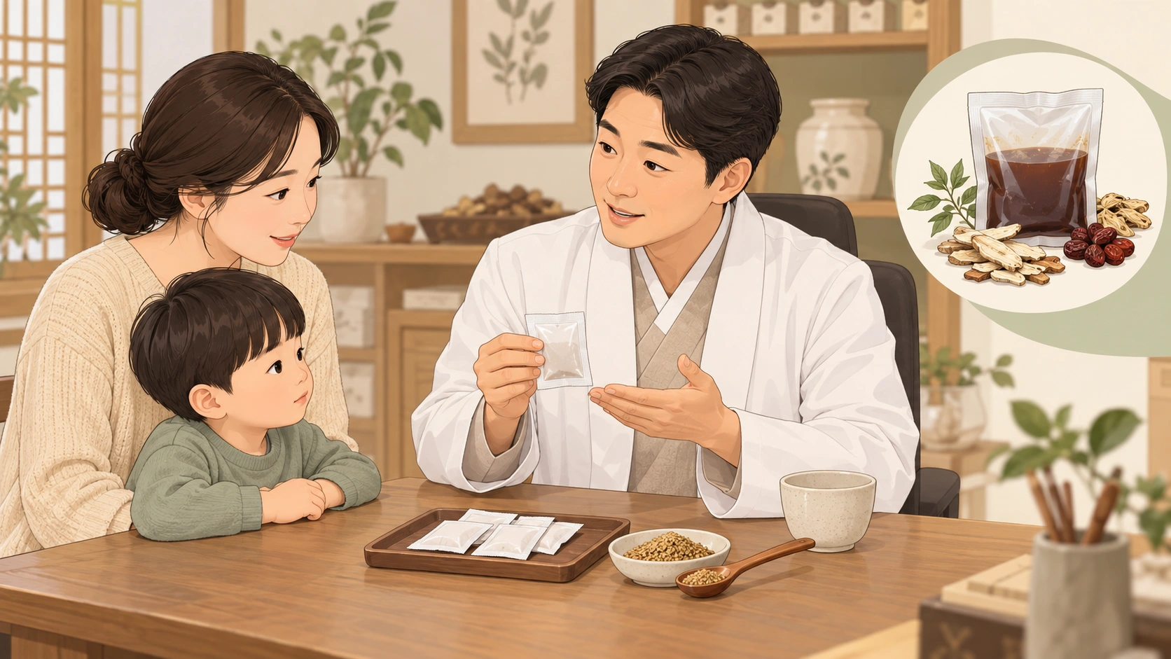 남성 한의사가 보호자와 아이에게 과립 형태의 한약제제 복용 방법을 설명하는 장면