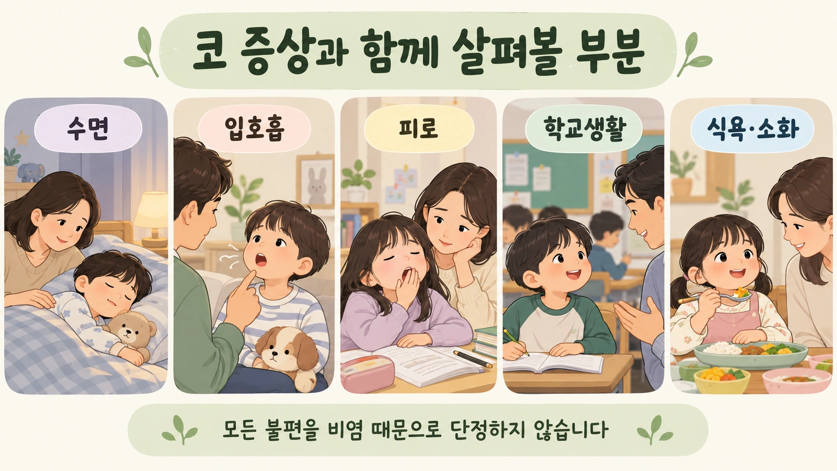 아이 비염 진료에서 수면과 입호흡, 피로, 학교생활 등을 함께 살펴보는 그림