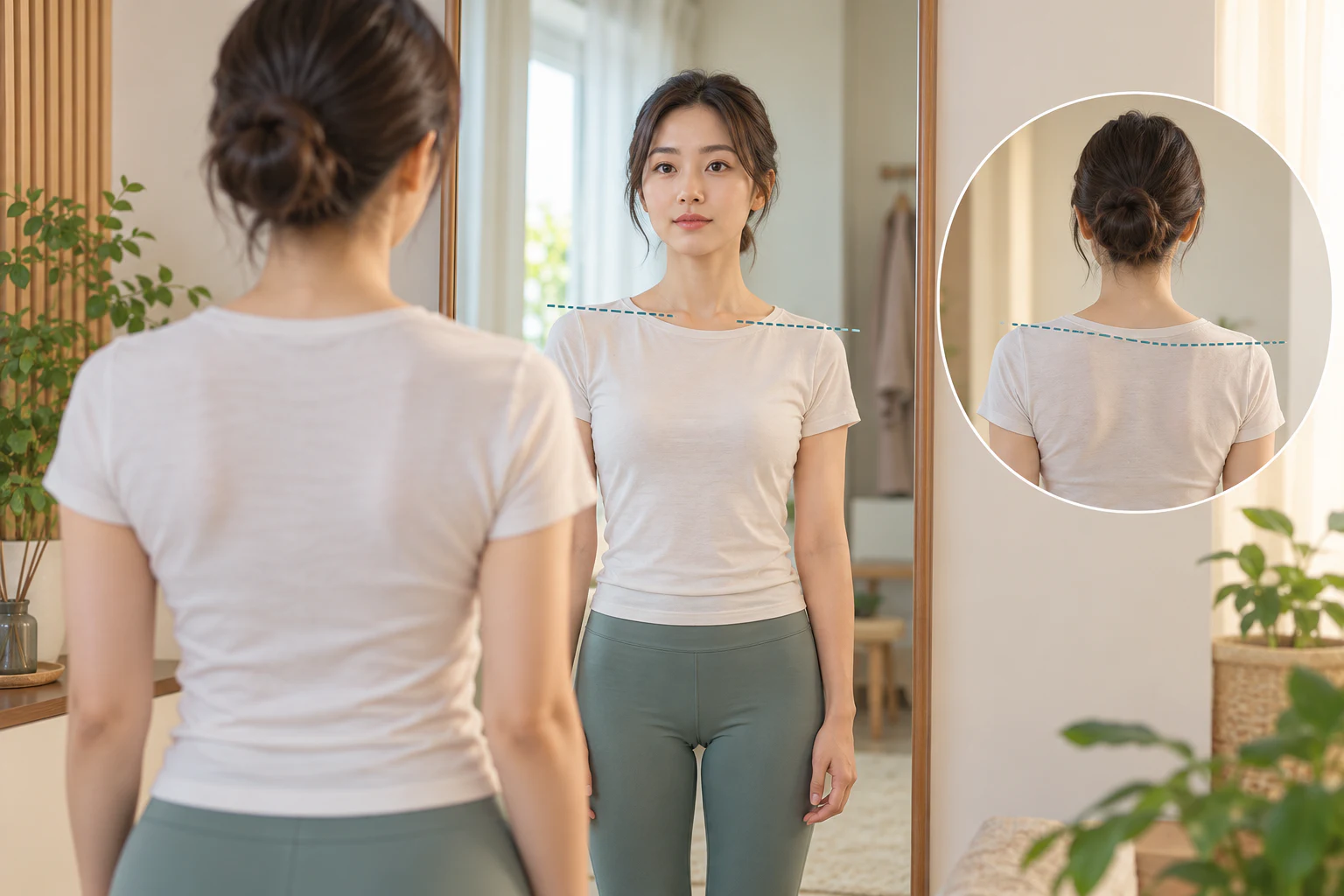 거울 앞에서 좌우 어깨와 날개뼈 높이를 가볍게 확인하는 장면