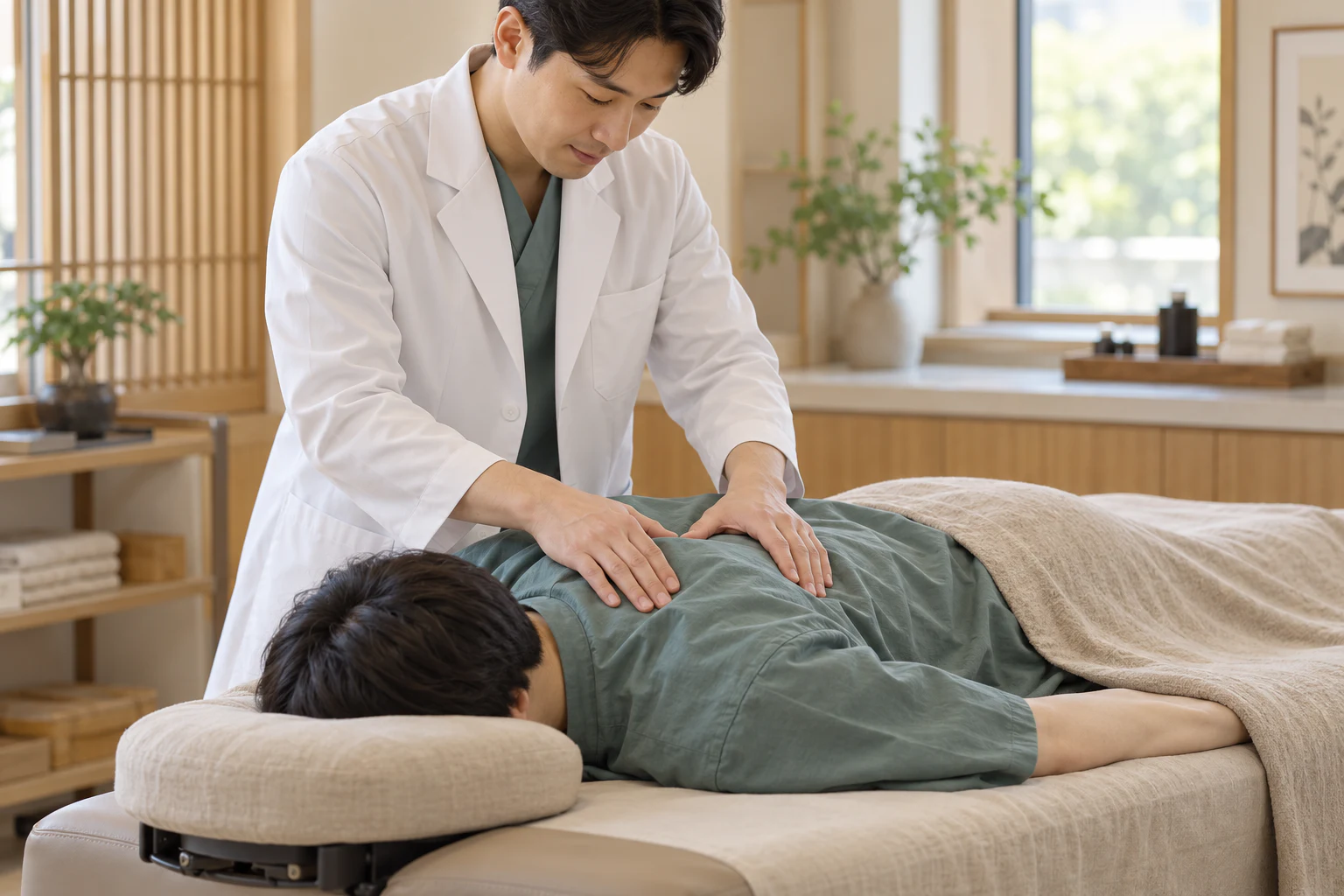 남성 한의사가 엎드린 환자의 날개뼈 주변과 등 근육을 부드럽게 확인하는 장면