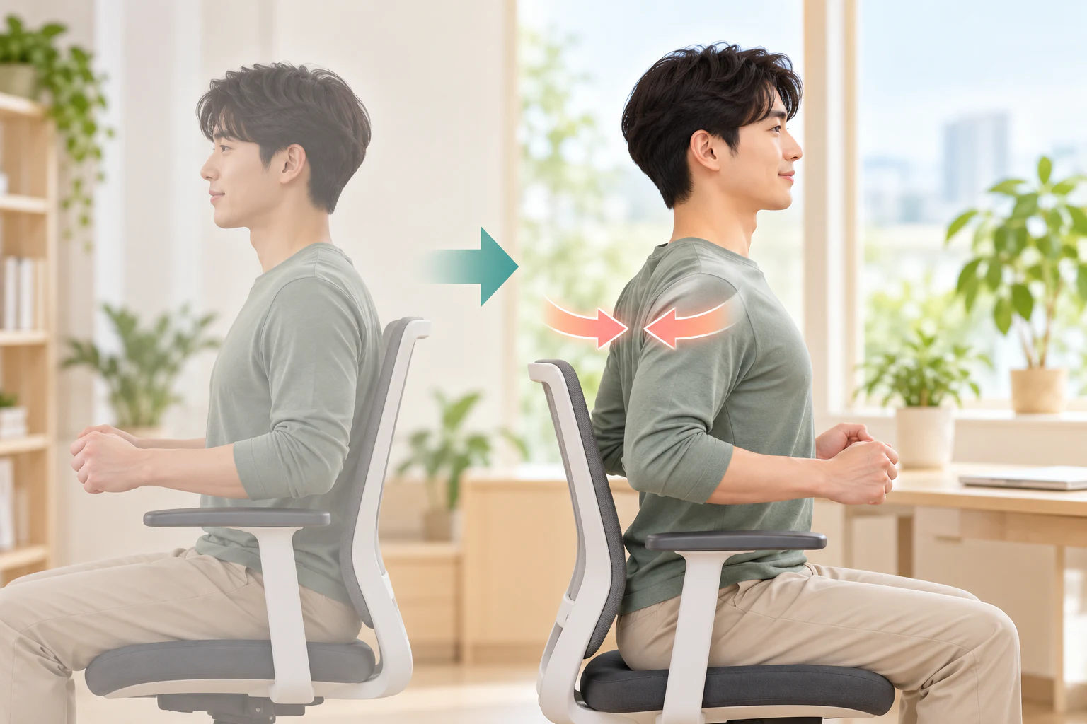 의자에 앉아 팔꿈치를 뒤로 당기며 양쪽 날개뼈를 가운데로 모으는 운동