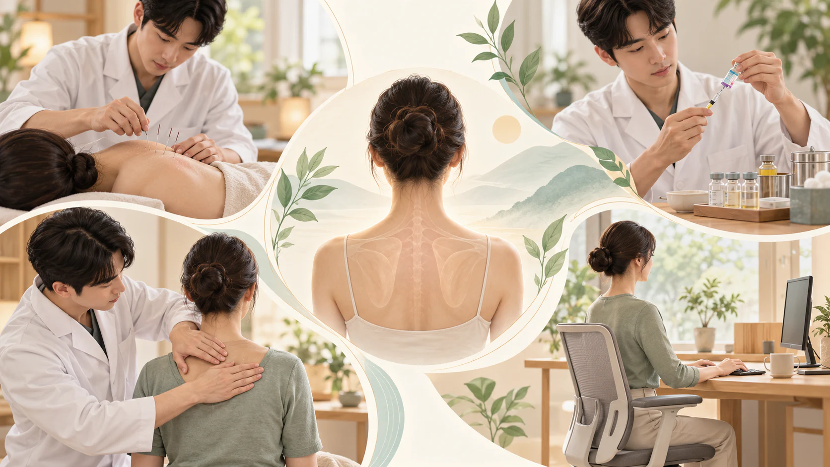 침, 약침, 추나요법과 생활자세 관리의 개념을 함께 보여주는 근골격계 마무리 일러스트