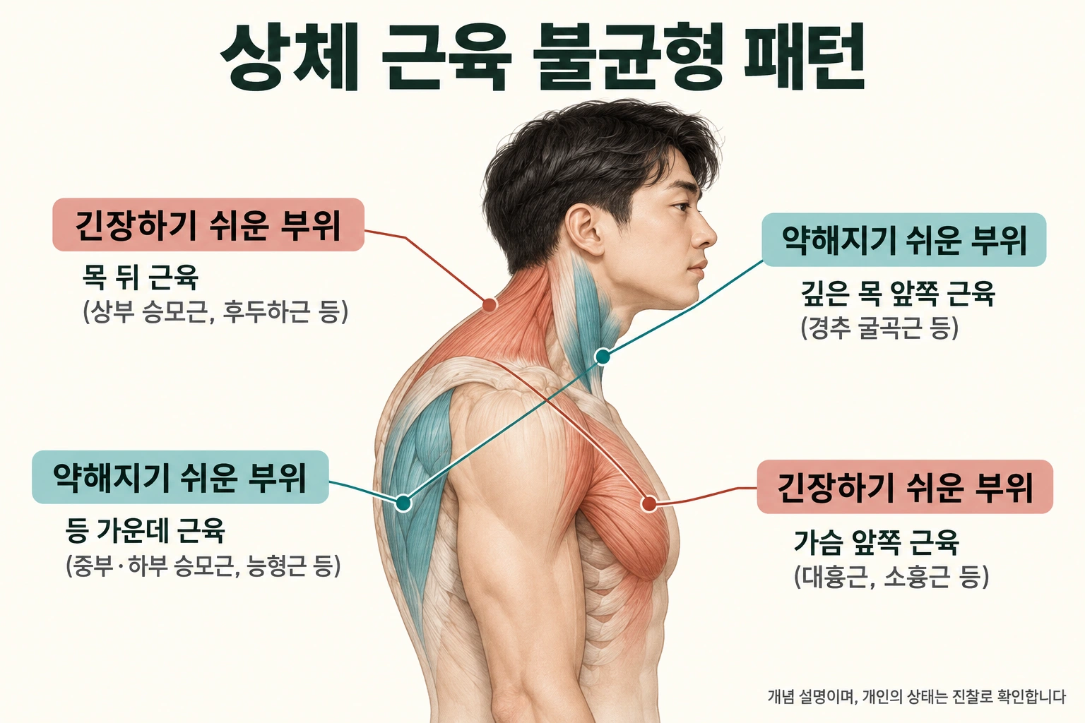 상체 근육 불균형 패턴(상부 교차 증후군) 개념도