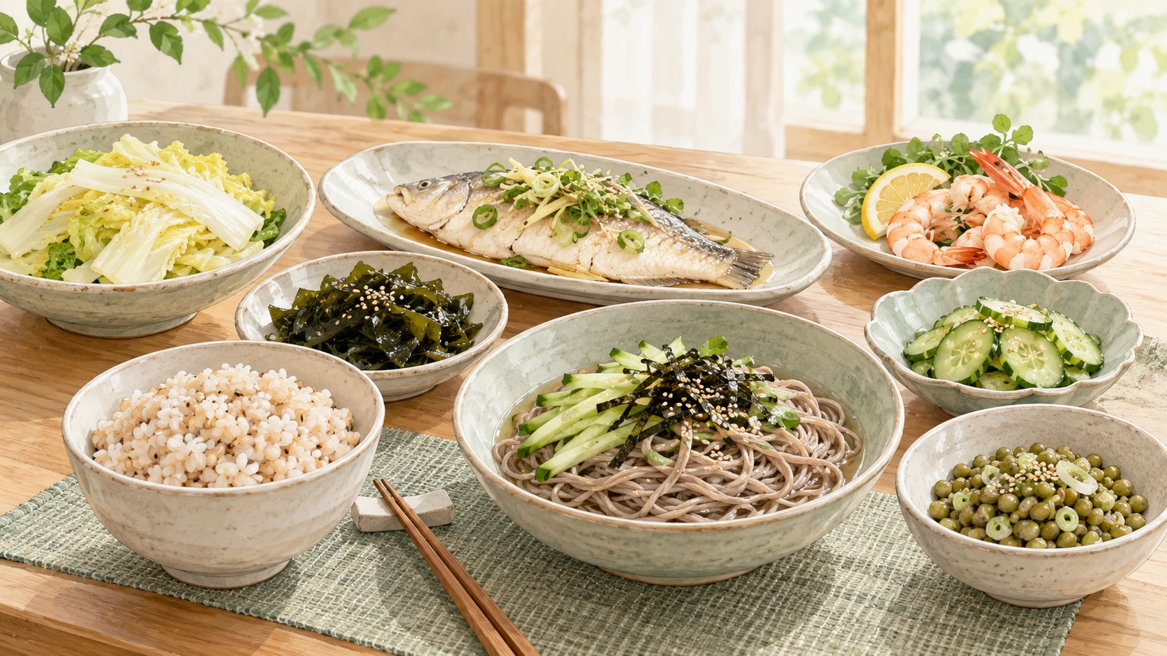 보리밥 메밀 녹두 채소 해산물로 차린 담백한 식단