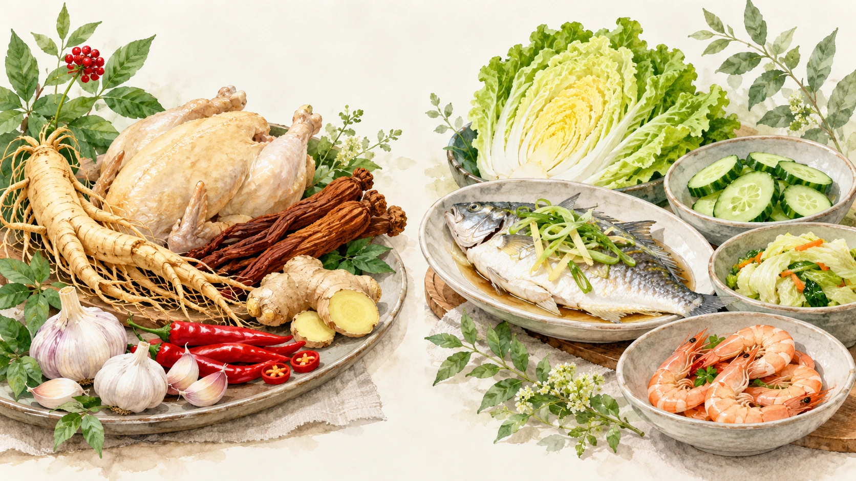 자극적인 음식과 담백한 식단을 비교한 그림