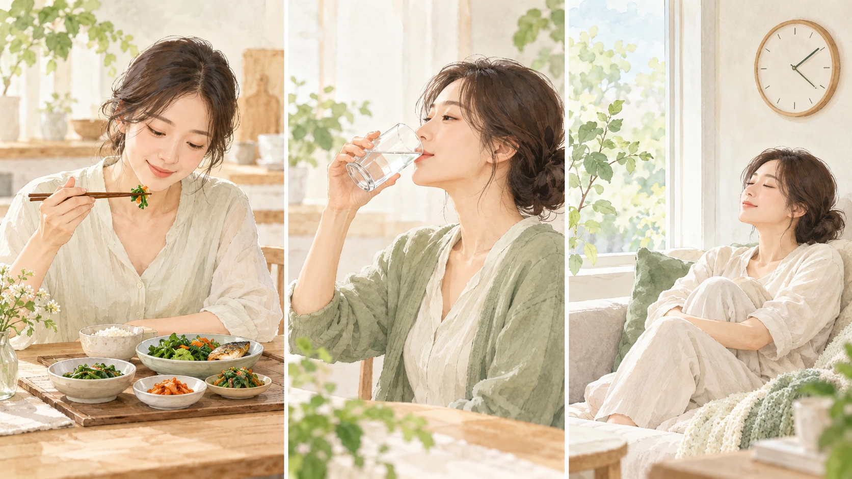 천천히 식사하고 수분을 섭취하는 규칙적인 생활