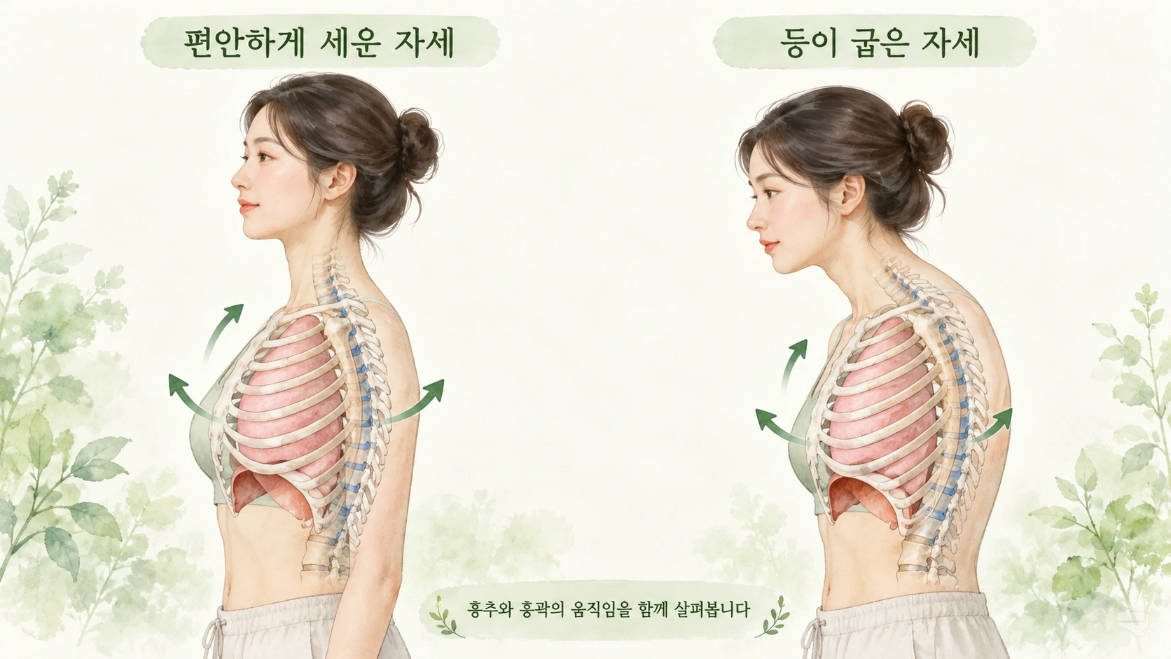 편안하게 세운 자세와 등이 굽은 자세에서 흉곽 움직임을 살펴보는 비교 그림