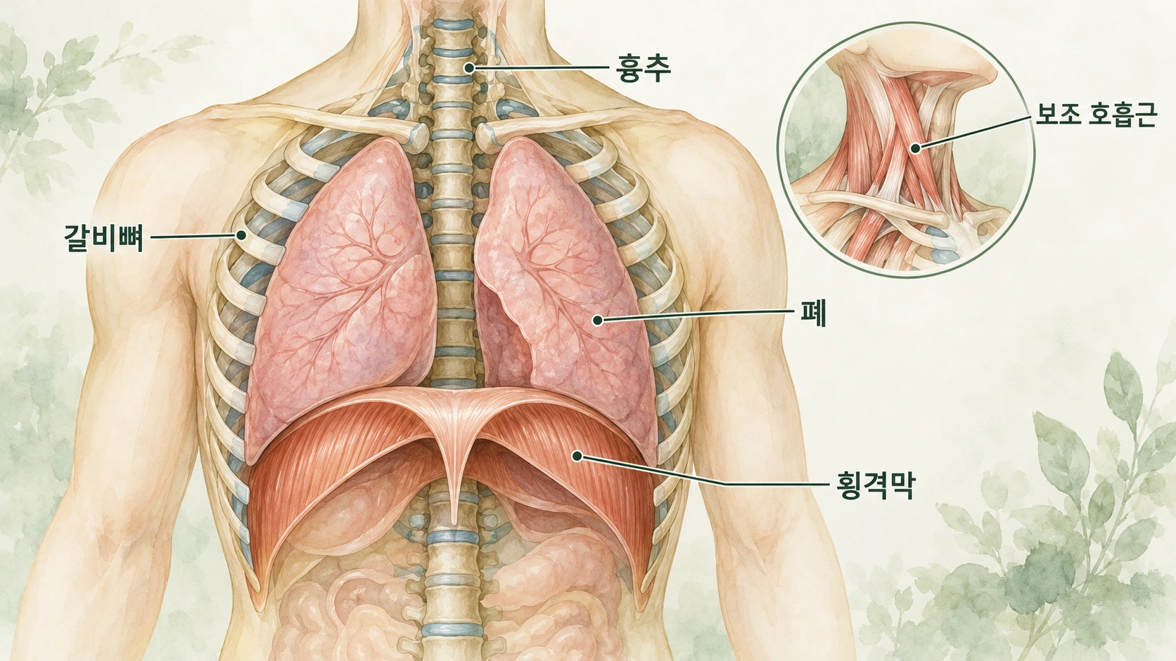 흉추 갈비뼈 폐 횡격막과 목 주변 보조 호흡근의 위치