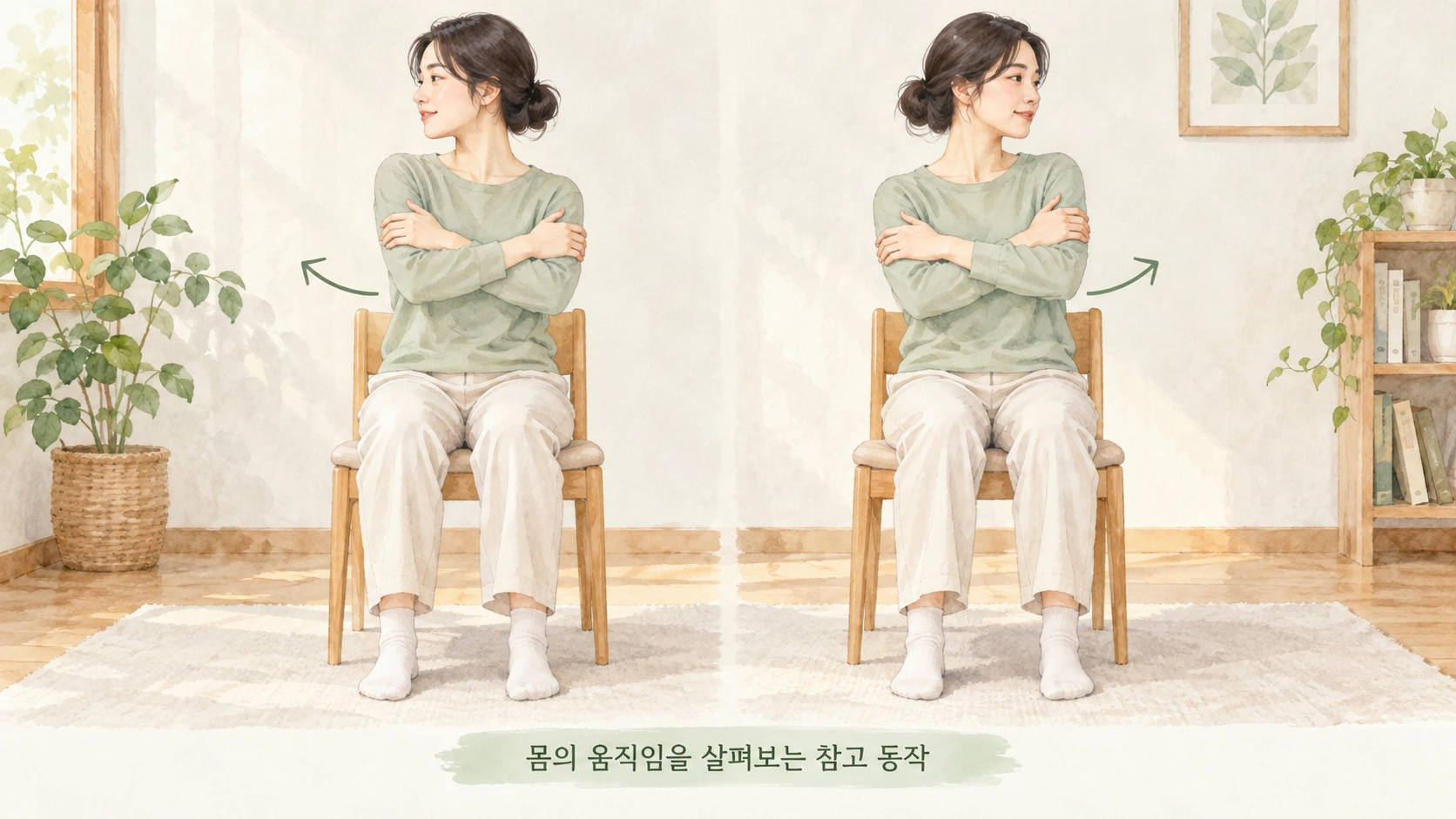 의자에 앉아 편안한 범위에서 몸통을 좌우로 돌리는 참고 동작