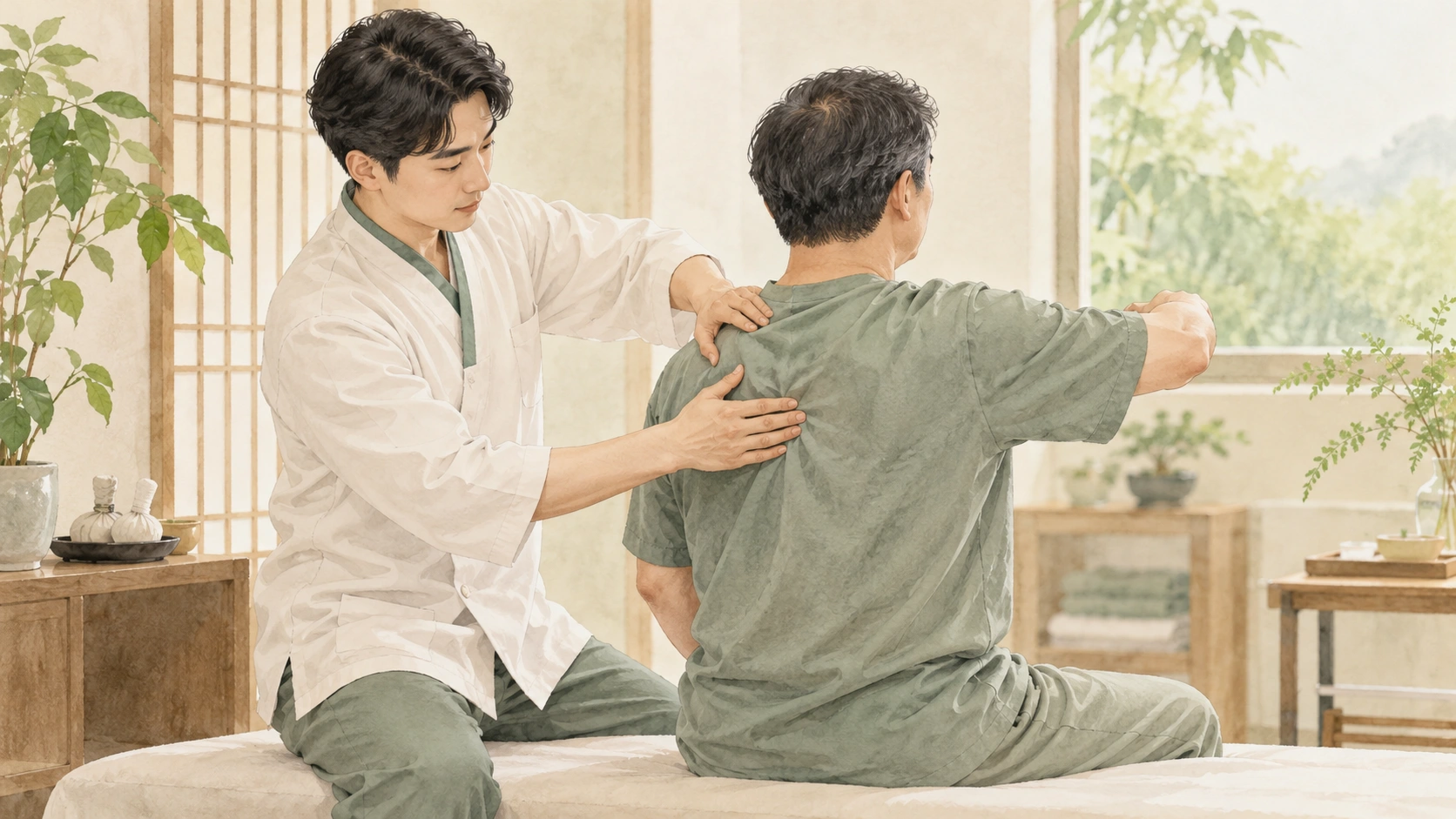 남성 한의사가 환자의 흉추와 견갑골 움직임을 부드럽게 확인하는 일러스트